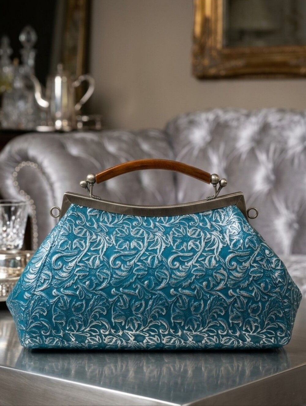 Patricia Nash Teal & Silver Kelmscott Frame Kisslock - NWT